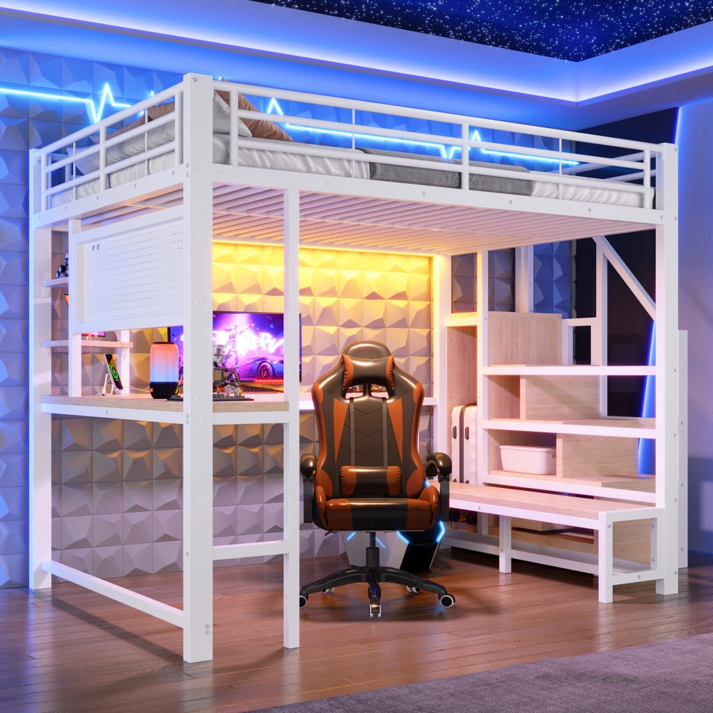 Letto a soppalco in metallo 140x200 cm, letto alto matrimoniale con scrivania, pannello forato, scala contenitore, prese USB/USB-C, ripiani e illuminazione LED, bianco