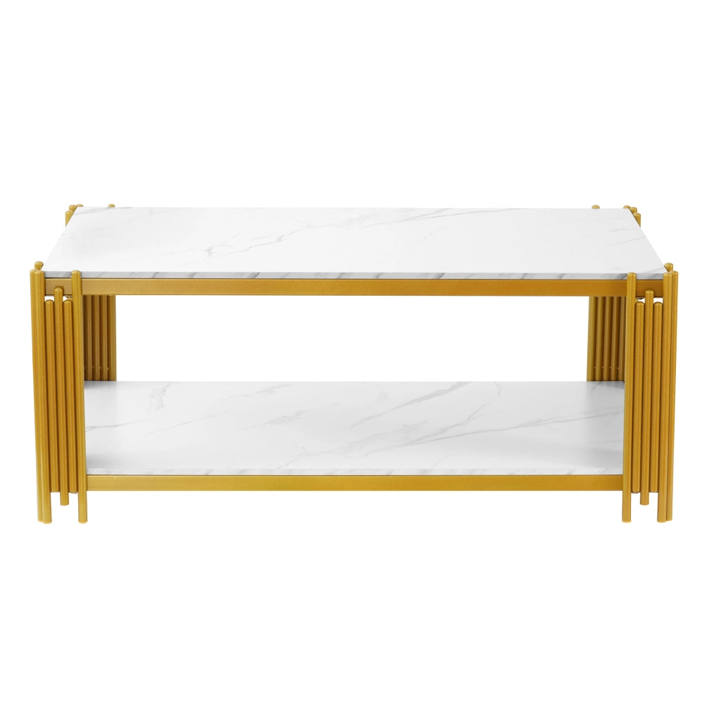 Tavolino da caffè rettangolare moderno con doppi ripiani, struttura in MDF e metallo, bianco/oro