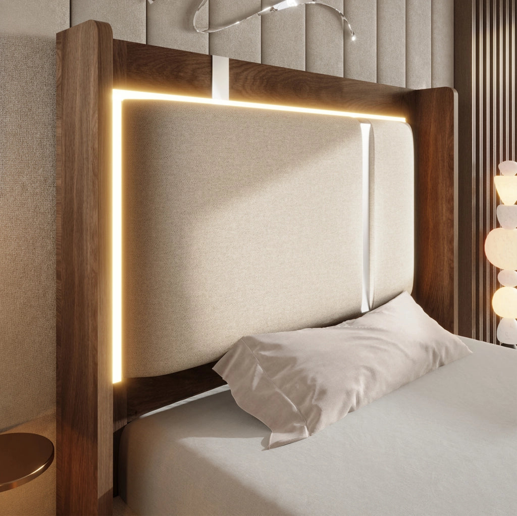 Letto imbottito 90x200 cm con rete a doghe, LED e contenitore, lino beige e noce, senza materasso