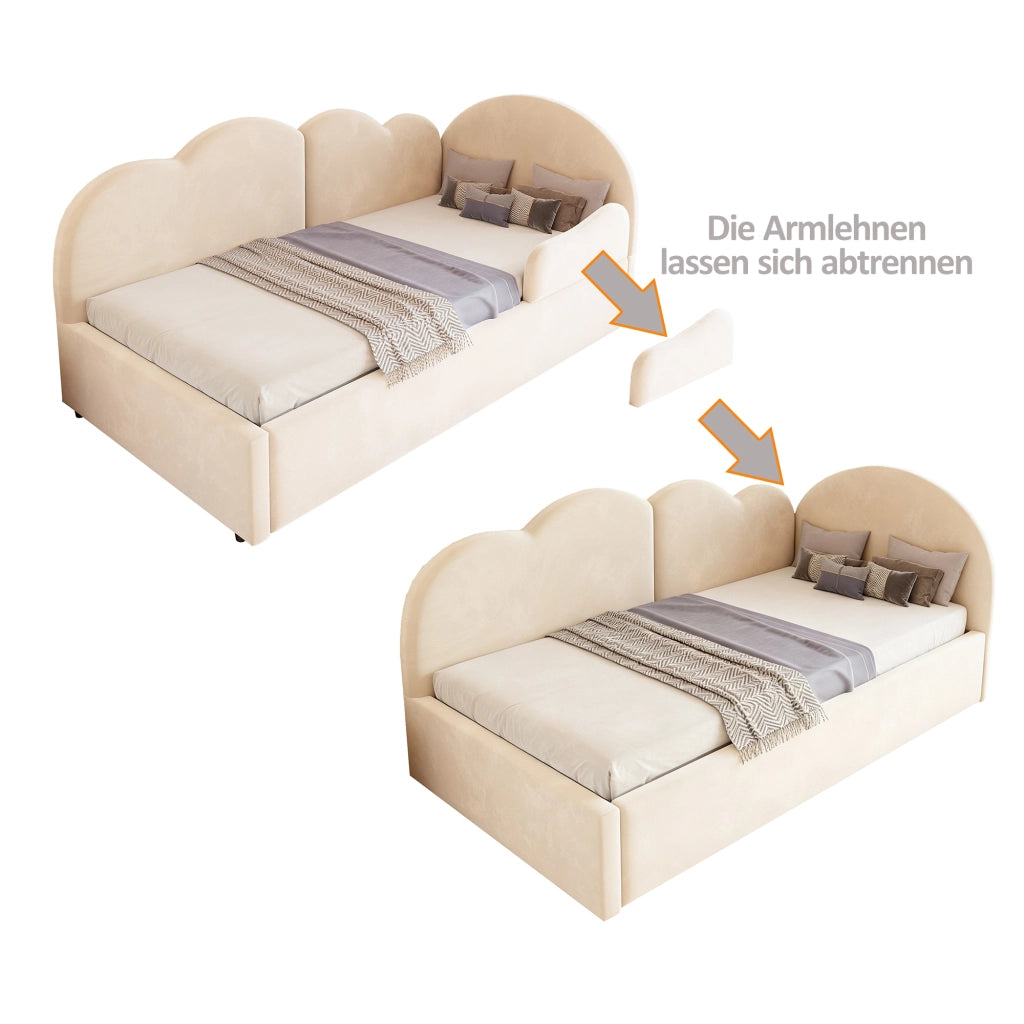 Letto imbottito a scomparsa a L con testiera a forma di nuvola in velluto beige per camera da letto e ospiti