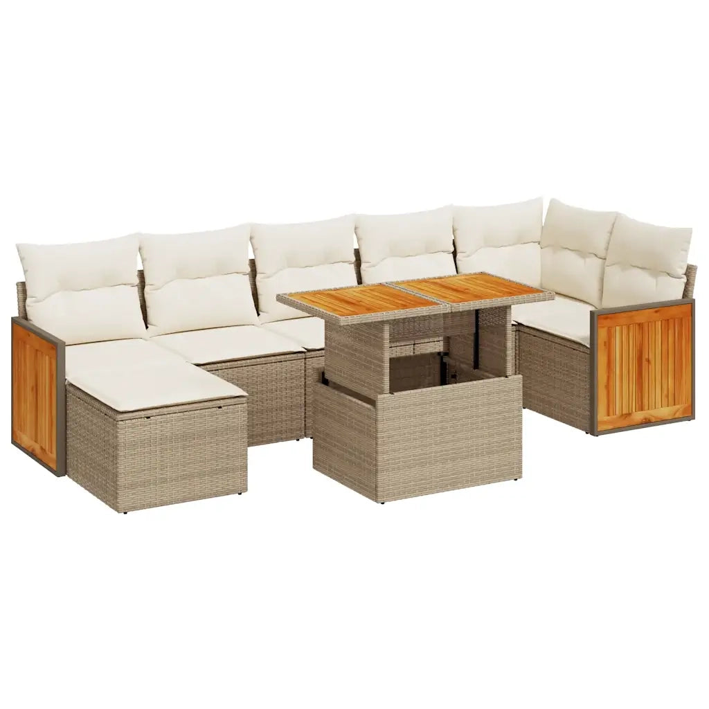 Set Divano da Giardino 8 pz con Cuscini Beige Polyrattan Acacia