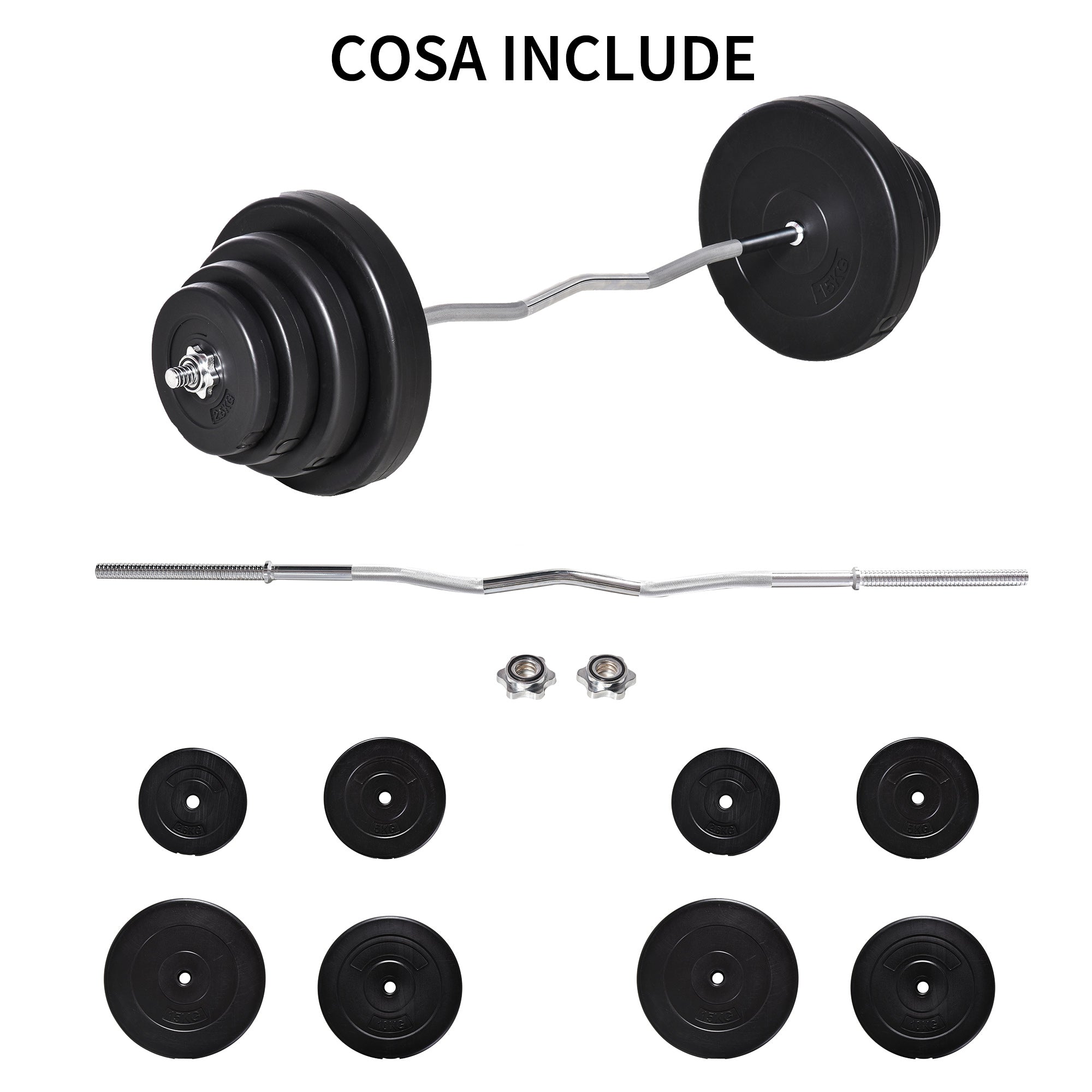 Set Bilanciere 140 cm Barra Curva in Acciaio con 8 Dischi Peso Regolabile 70 Kg