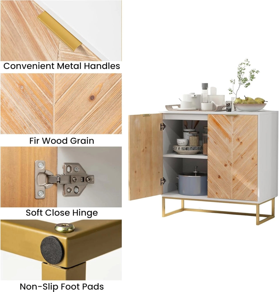 Armadio a buffet a 2 ante in legno con gambe in metallo e protezione antiribaltamento, credenza indipendente per sala da pranzo, soggiorno, ingresso (bianco)