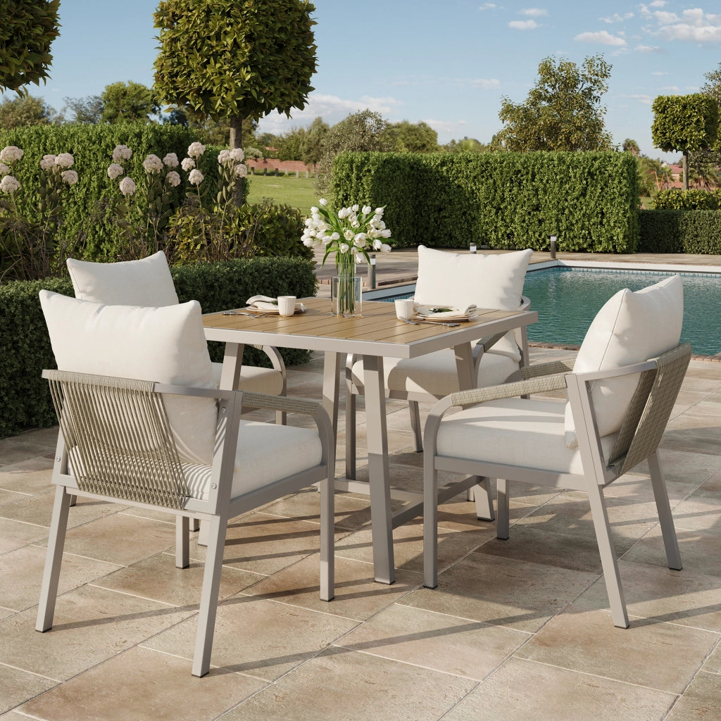 Set pranzo giardino 4 persone: 1 tavolo + 4 sedie; acciaio zincato; legno-plastica; design corda; kaki/beige
