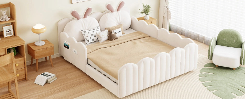 Letto Piattaforma Imbottito 140x200 cm con Cuscino a Forma di Coniglio, Beige