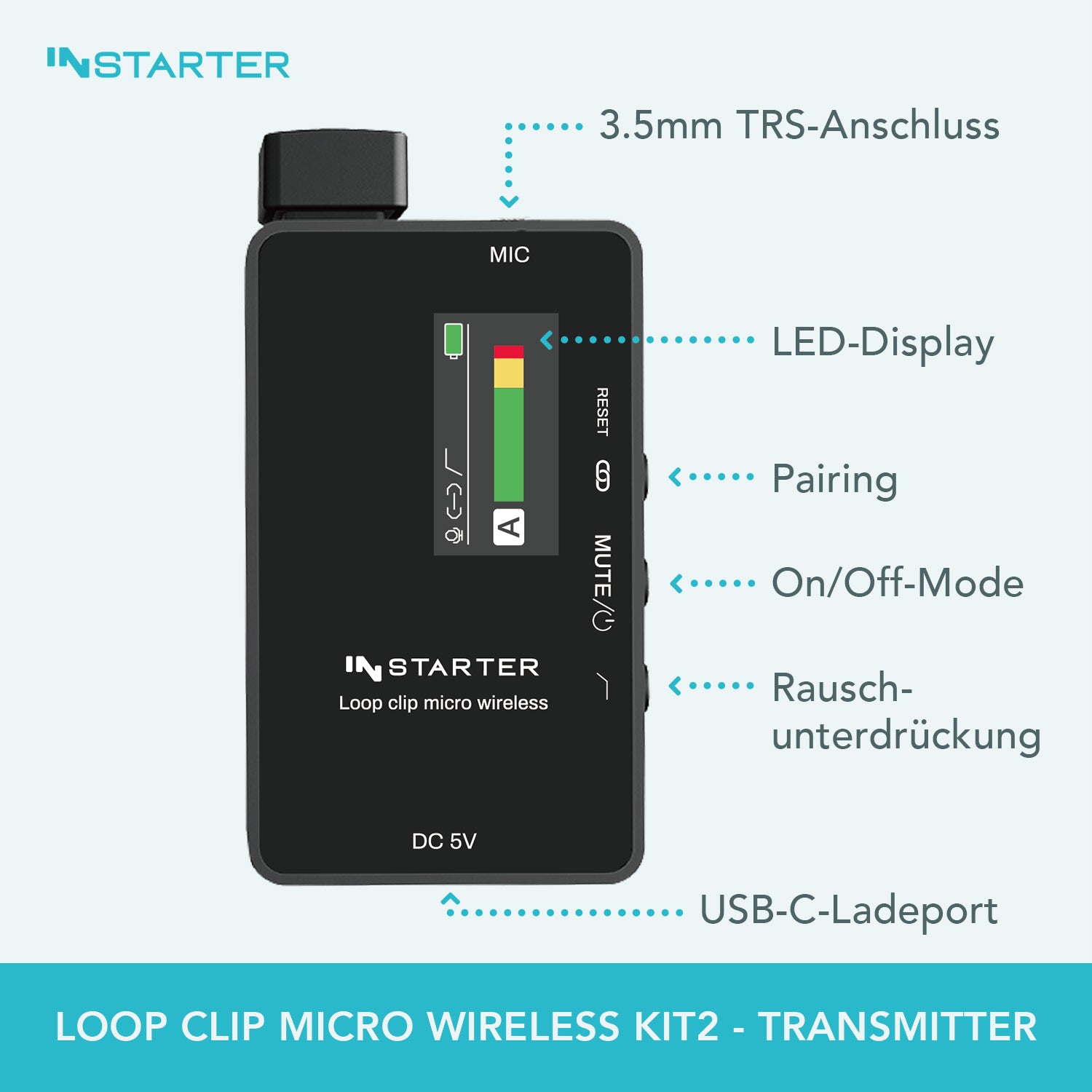 Sistema lavalier wireless Instarter con microfono integrato, 1 trasmettitore e 1 ricevitore, portata 50 m, connessione USB-C e batteria 6 h, ideale per registrazioni con telefono, tablet e PC
