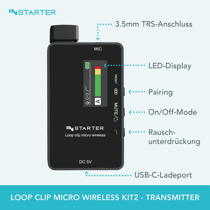 Sistema lavalier wireless Instarter con microfono integrato, 1 trasmettitore e 1 ricevitore, portata 50 m, connessione USB-C e batteria 6 h, ideale per registrazioni con telefono, tablet e PC