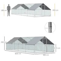 Pollaio da Giardino con Telaio Zincato, Copertura Impermeabile e Rete Esagonale, 3x8x2m, Argento