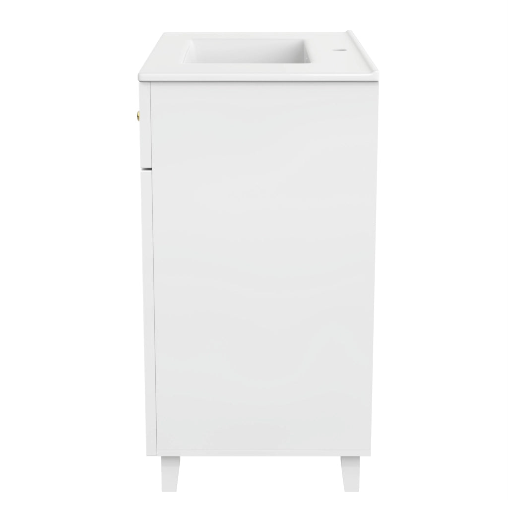 Mobile bagno freestanding con lavabo in ceramica, struttura in MDF laccato, gambe in legno massiccio e spazio contenitivo multiuso