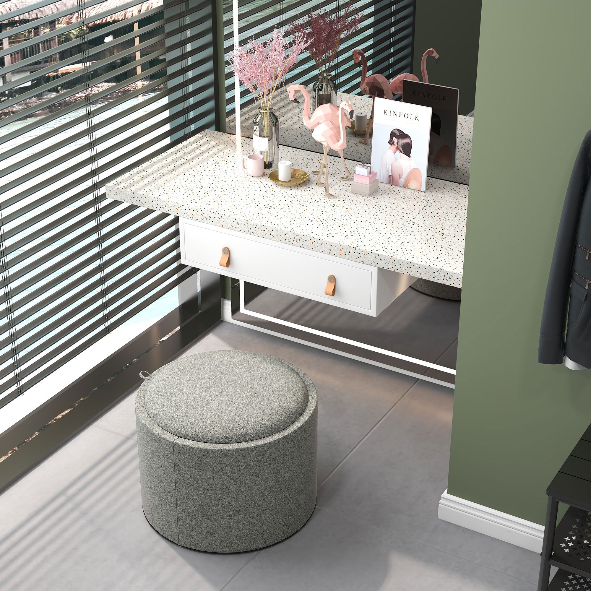 Pouf Contenitore Effetto Lino da 120 kg max 56x56x42 cm con Vassoio a Ribalta in MDF Grigio