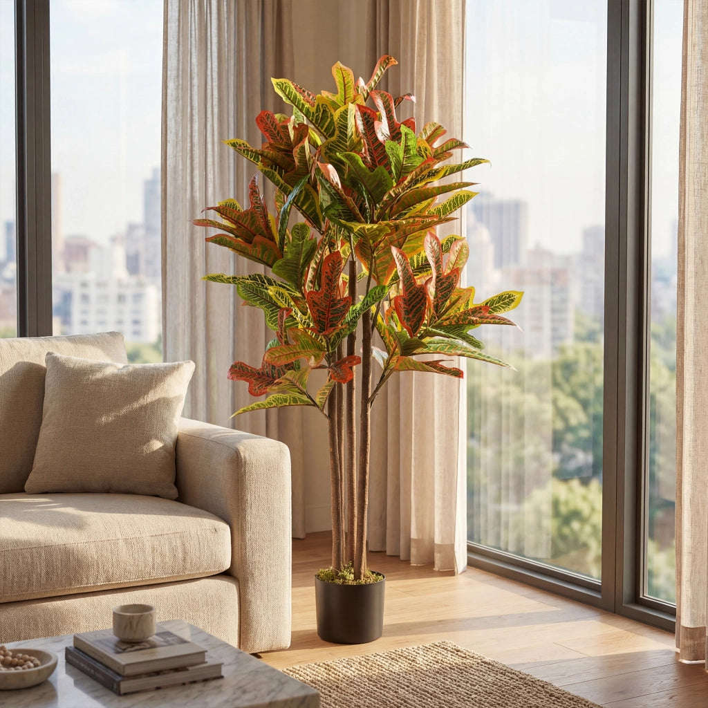 Pianta Artificiale di Croton Multicolore in PEVA e Legno con Vaso Contenitore in PP e Cemento, 55x55x120 cm