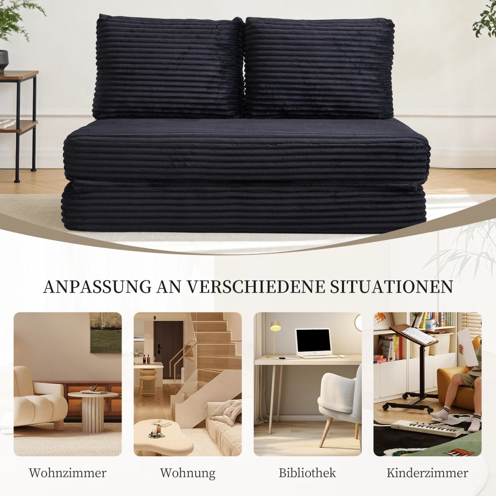 Divano letto multifunzionale con schienali removibili in tessuto nero per soggiorno e sala lettura 150 × 33 × 32 cm