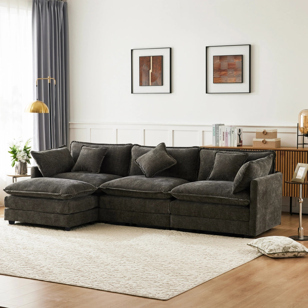 Divano angolare 3 posti con pouf mobile e cuscini lombari in chenille grigio scuro