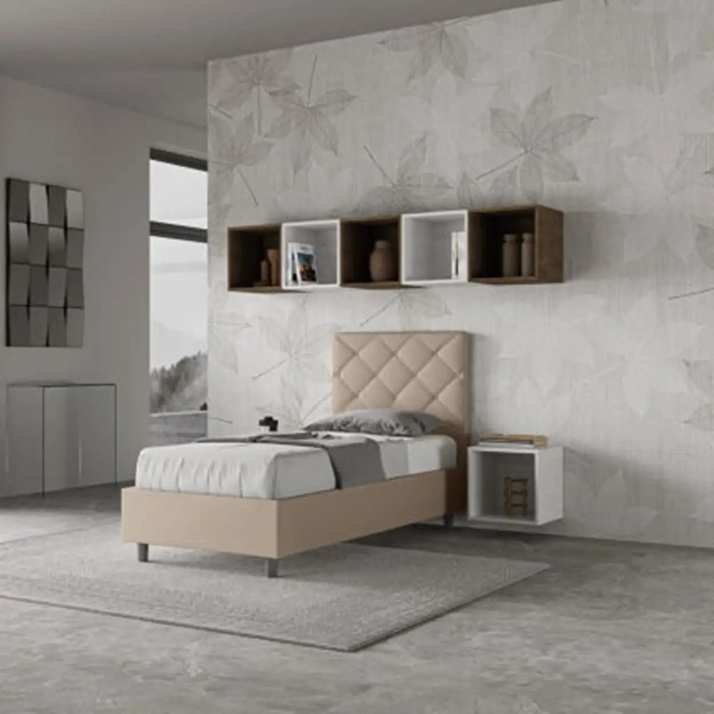 Letto singolo senza rete imbottito 80x190 similpelle tortora Priya