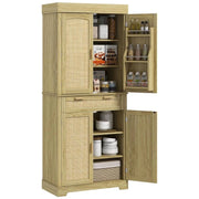 CREDENZA CUCINA STILE BOHO CON 2 ARMADIETTI, CASSETTO E PORTASPEZIE IN LEGNO E RATTAN, 76X40X183CM, ROVERE