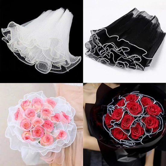 2 pezzi di carta per fiori, set di accessori per bouquet, tessuto ondulato, carta per fiori, rete per bouquet, tessuto ondulato, carta per fiori, dimensioni 28cm x 4m (nero + bianco)