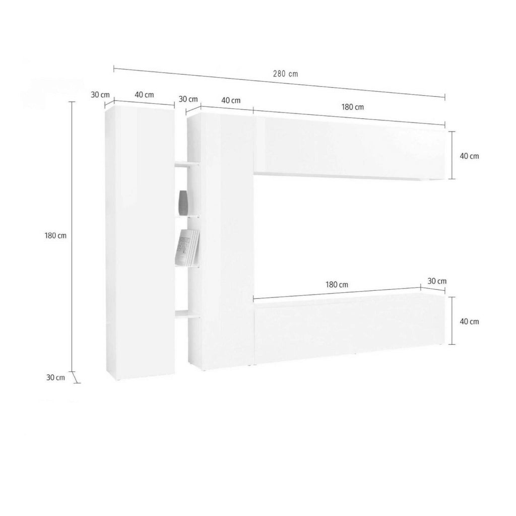 Mobile Soggiorno Enstatite, Parete Attrezzata 15 Ripiani Made in Italy, 280x30x180h cm Bianco Lucido