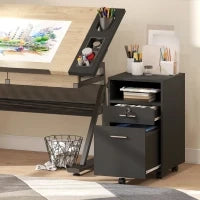 Cassettiera da Ufficio Portadocumenti in Legno con 2 Cassetti e Ripiano Aperto, 39x40x65 cm, Nero