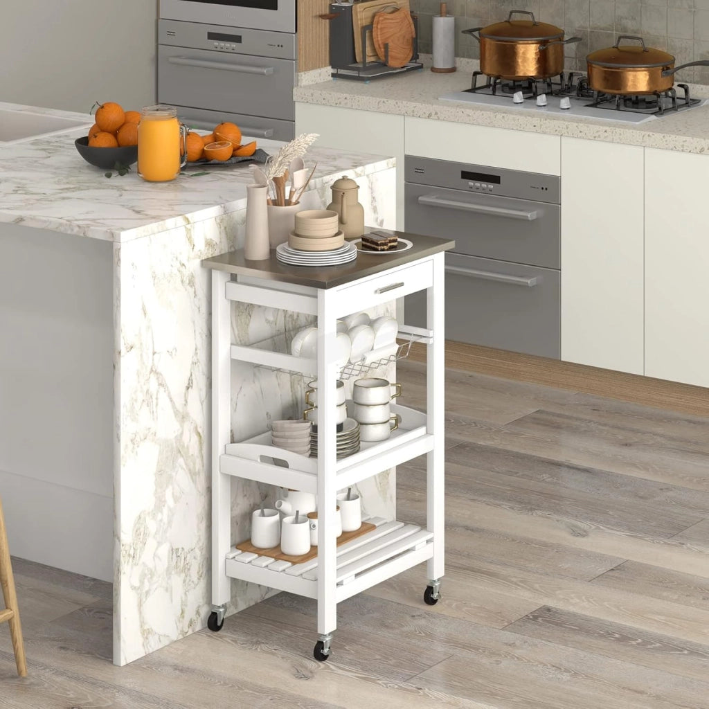 Carrello da Cucina a Rotelle con Mensole, Cassetto, Carrello di Servizio, Stile Moderno per Cucina e Soggiorno, 47x39x85 cm, Bianco/Nero (Bianco)
