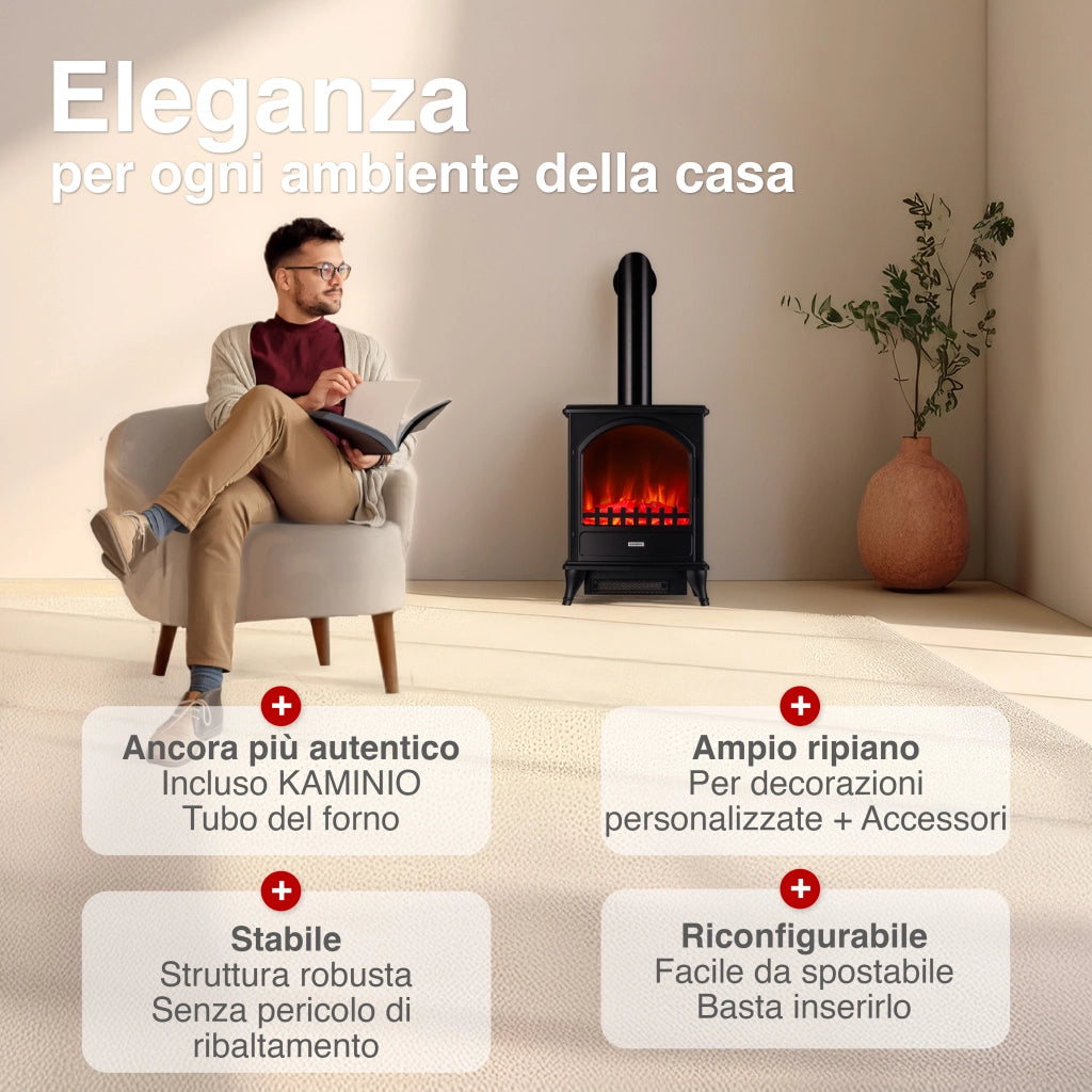 KAMINIO Camino elettrico LENI con tubo di scarico - Camino elettrico con riscaldamento, effetto fiamma 3D - Nero