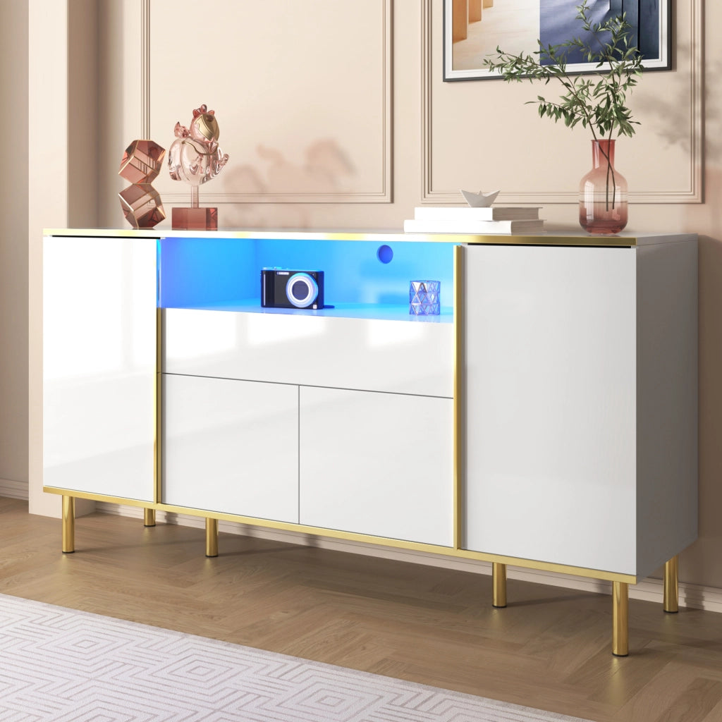 Sideboard bianco lucido con 1 cassetto, 150x40x80 cm