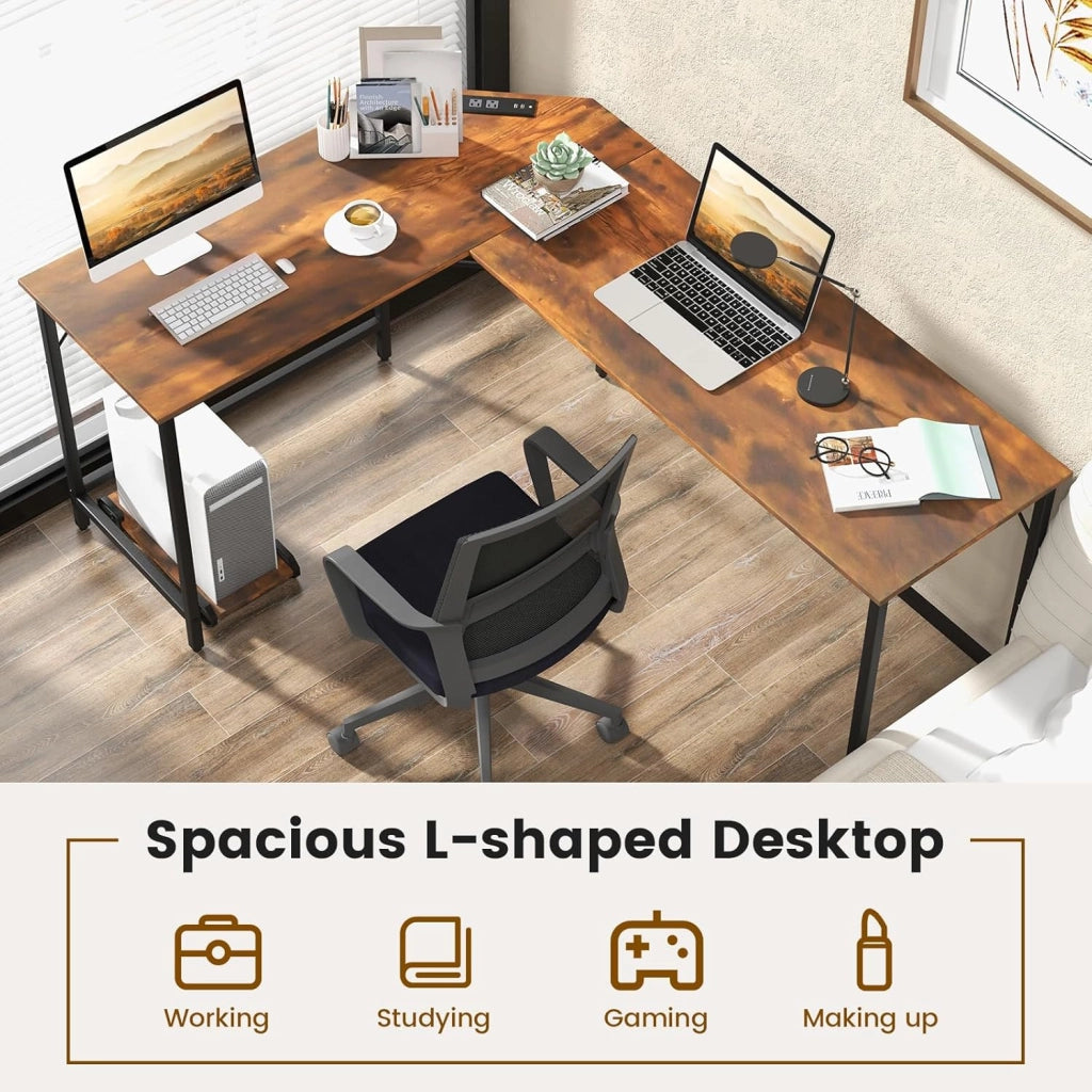 Scrivania angolare per computer, scrivania per computer a forma di L con prese di corrente, supporto per computer, scrivania con porte USB, design poco ingombrante (marrone)