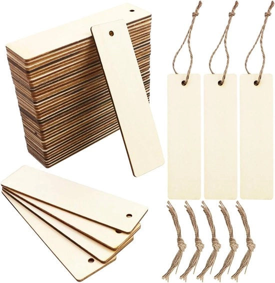 50 Etichette in Legno Pieno di Cadeau - Etichette in Legno per DIY con Cordoncini - Etichette in Legno per Libri - 12x3,3 cm