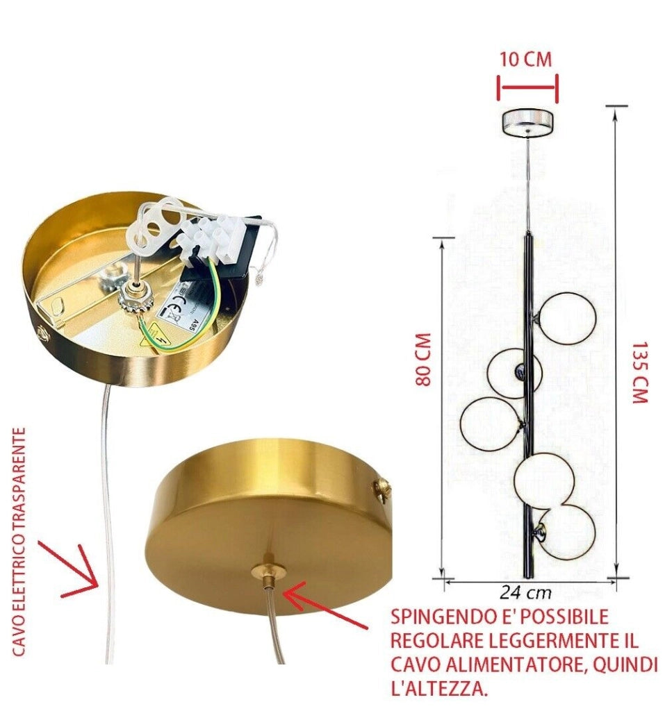 Lampadario moderno a sospensione con 5 sfere e attacco per lampadine a LED G9