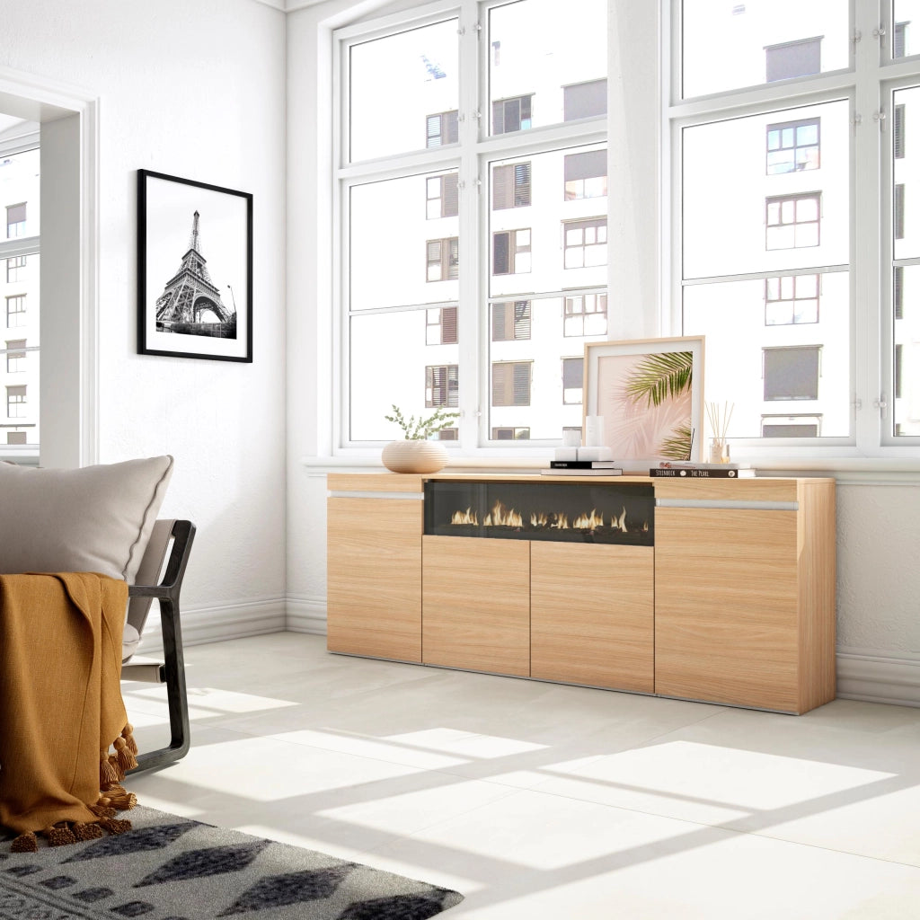 Credenza, Mobile, Cucina, 200x75x35cm, 4 Porte, Camino elettrico, Rovere soft e bianco