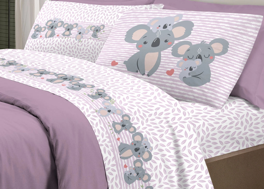 Completo Lenzuola Letto Pensieri Delicati 100% Cotone Dis. Koala Family - Singolo - Rosa