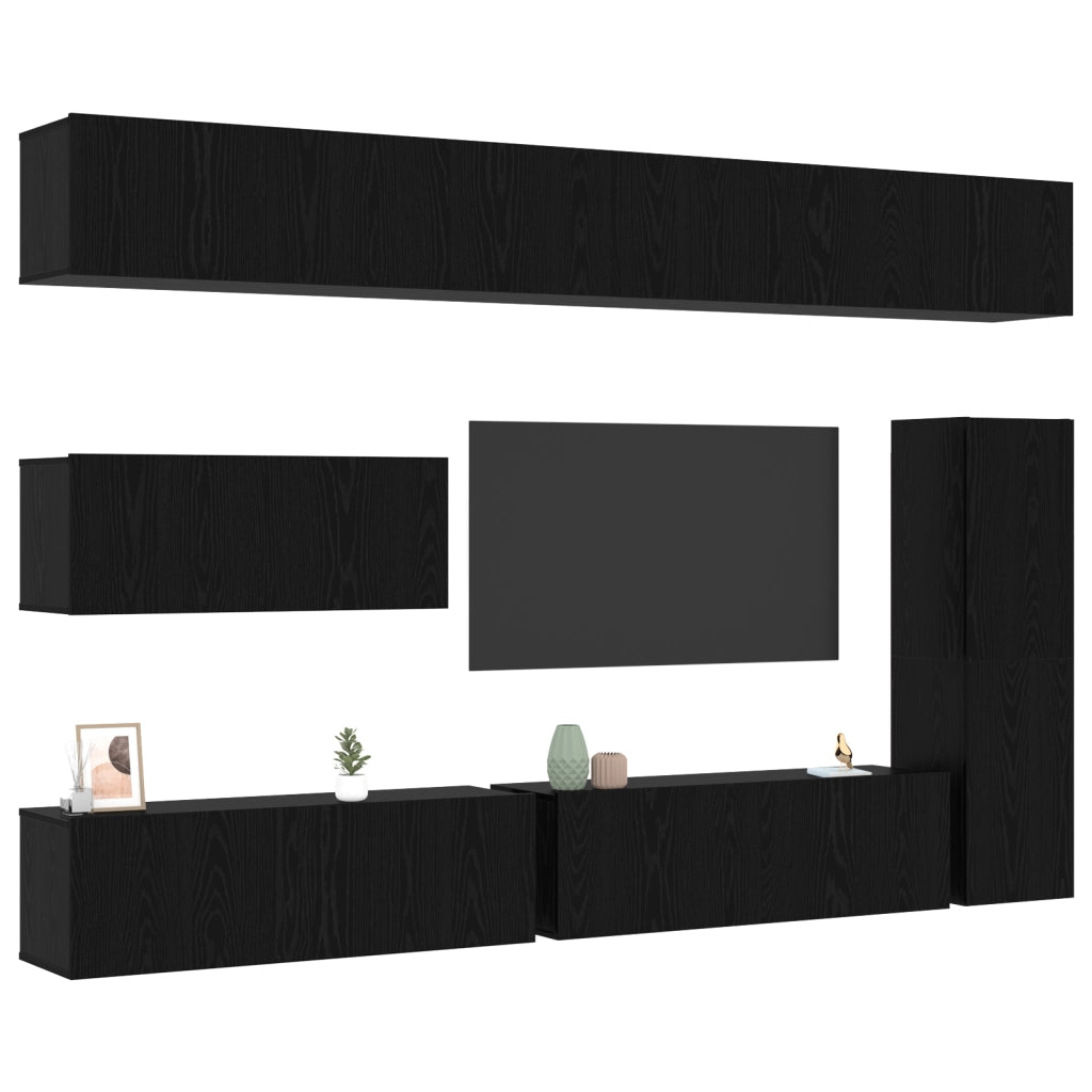 Set di mobili TV da 7 pezzi montato a parete in rovere nero in legno ingegnerizzato