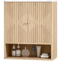 Armadietto Bagno a Parete con Ripiano Aperto e Ante Decorate, Piano Effetto Marmo, 60x18x70 cm, Rovere