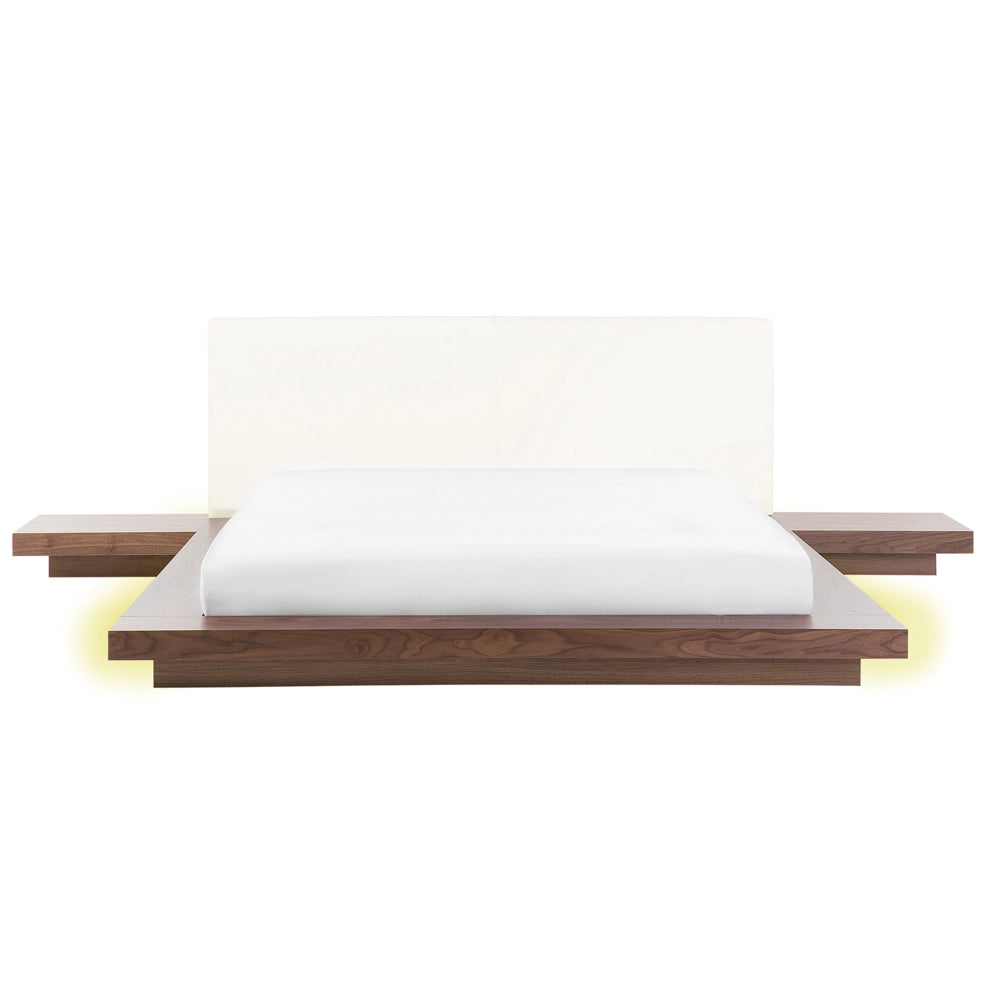 Letto LED in stile giapponese in frassino marrone 160 x 200 cm testata in legno impiallacciato MDF testata in pelliccia sintetica
