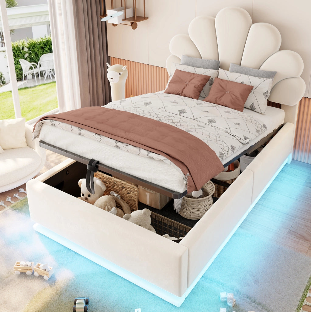 Letto imbottito 90x200 cm in velluto beige con testiera a fiore; contenitore e LED
