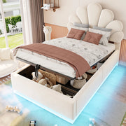 Letto imbottito 90x200 cm in velluto beige con testiera a fiore; contenitore e LED