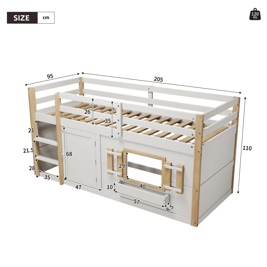 Letto a castello in legno massiccio 90x200 cm, bianco, con rete a doghe, senza materasso