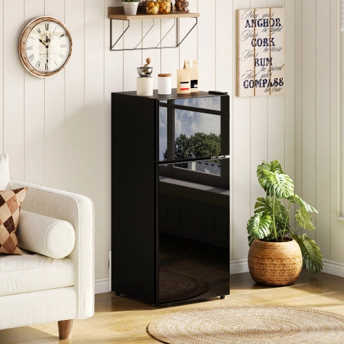 Mini frigorifero con congelatore; indipendente; volume totale 92L; congelatore da 28L; porta di vetro; illuminazione LED; basso rumore; mensole rimovibili in vetro; nero