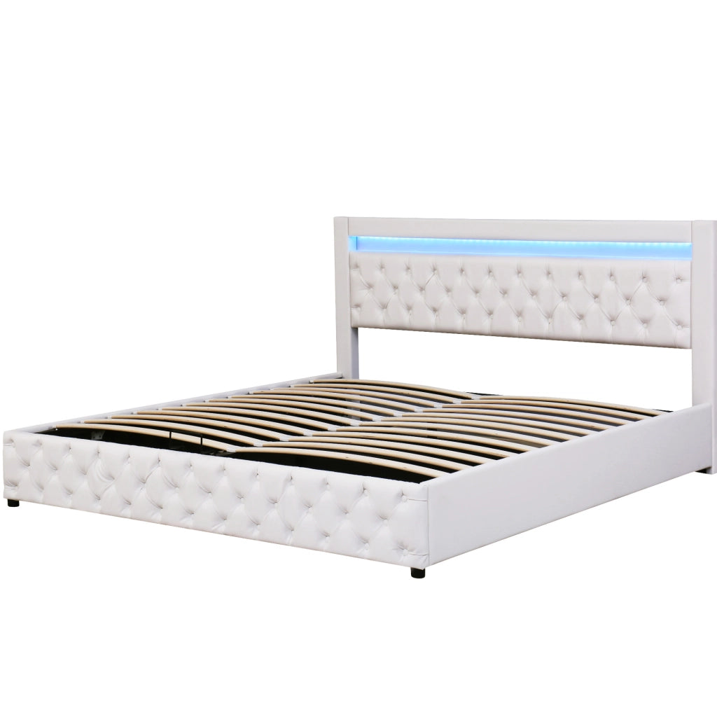 Letto imbottito matrimoniale 180x200 cm in PU bianco con contenitore e LED