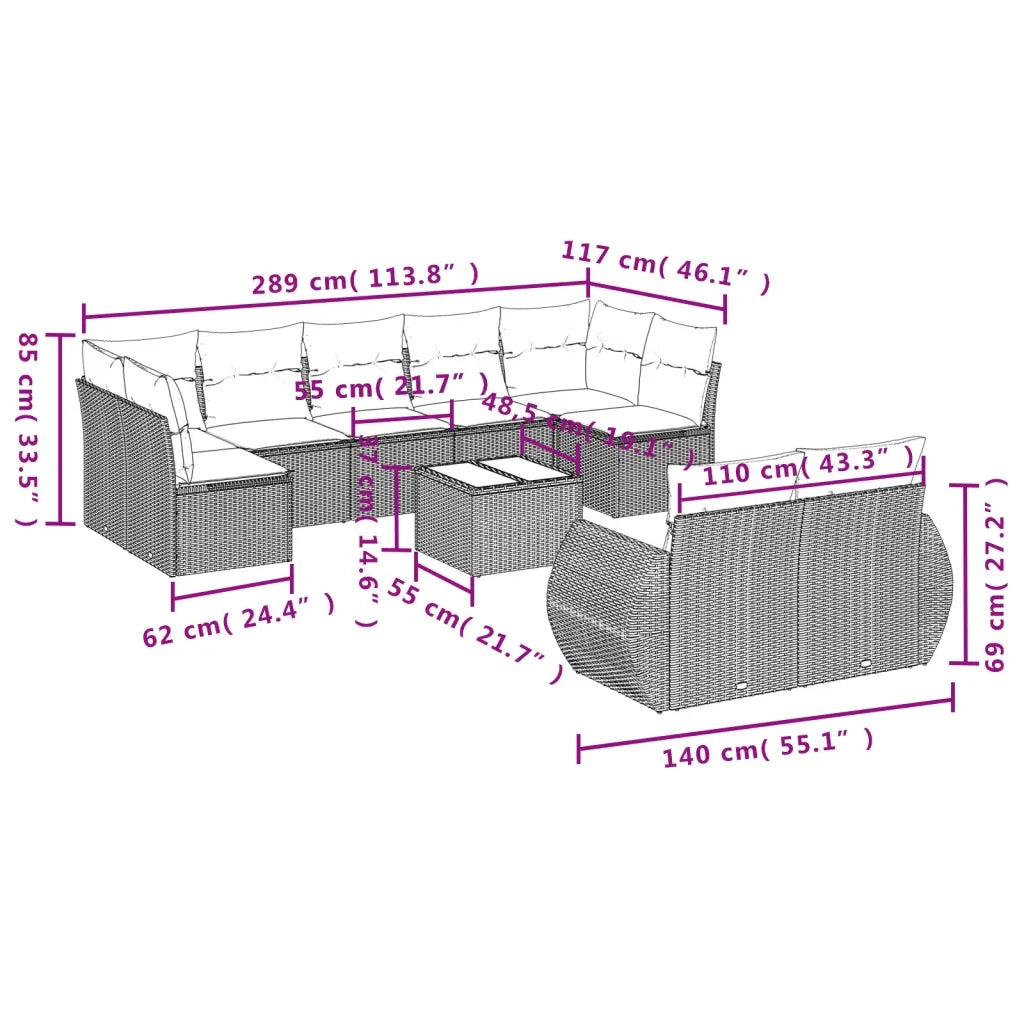 Set Divani da Giardino 10pz con Cuscini in Polyrattan Nero 3254162