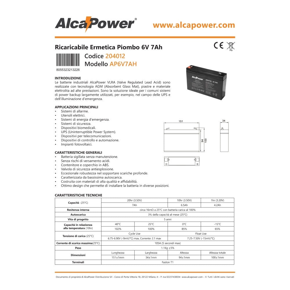 Alca power batteria al piombo da 6v 7ah ricaricabile per ups e illuminazione di emergenza