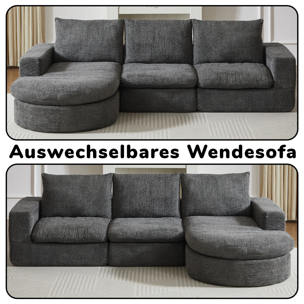 Divano modulare con chaise longue reversibile e cuscini poggiacollo senza montaggio comfort in ciniglia grigio