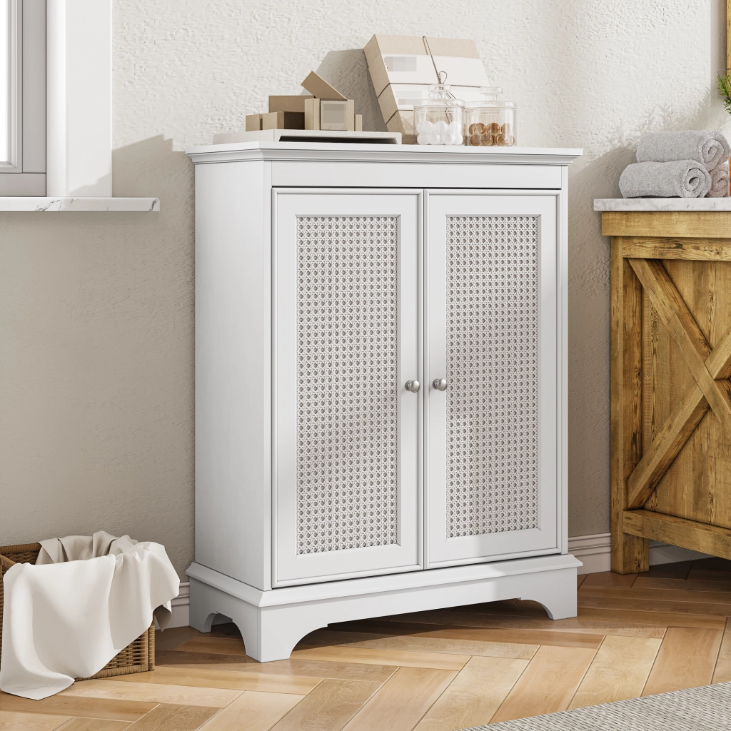 Mobile da bagno con 1 anta e ripiano regolabile design boho per bagno e soggiorno in MDF bianco 85,5 × 35,8 × 18,5 cm