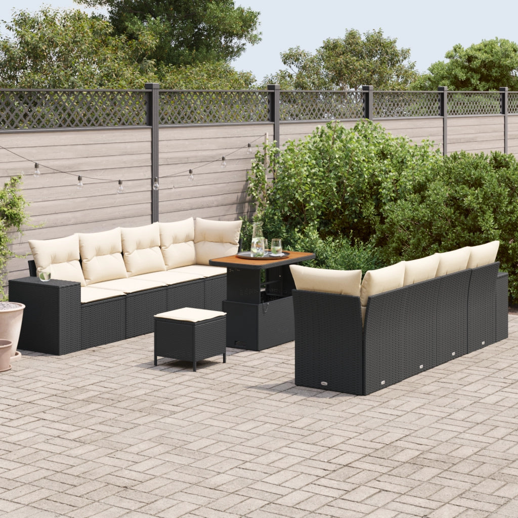 Set di 11 Pezzi di Divani da Giardino con Cuscini Nero Poli Rattan Acacia