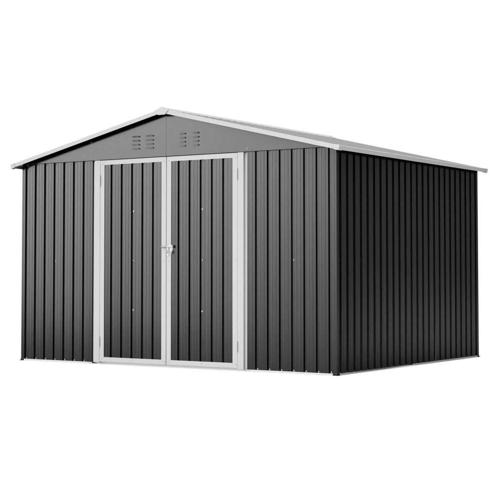 Casetta da giardino in acciaio zincato con doppie porte scorrevoli e tetto a due falde nera 300 × 252 × 191 cm