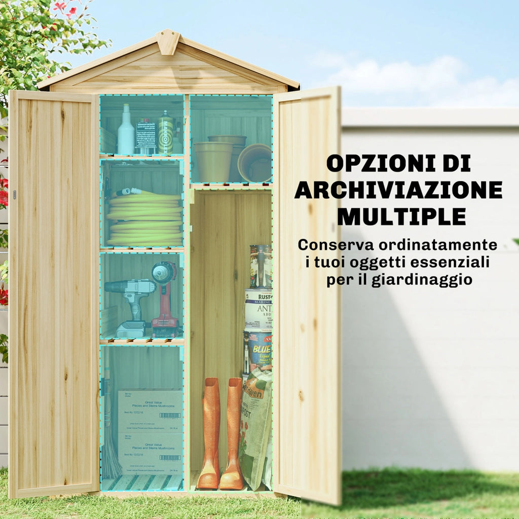 Armadio da Giardino 93x53x168 cm a 3 Ante con 4 Ripiani e Ganci in Legno di Abete Naturale