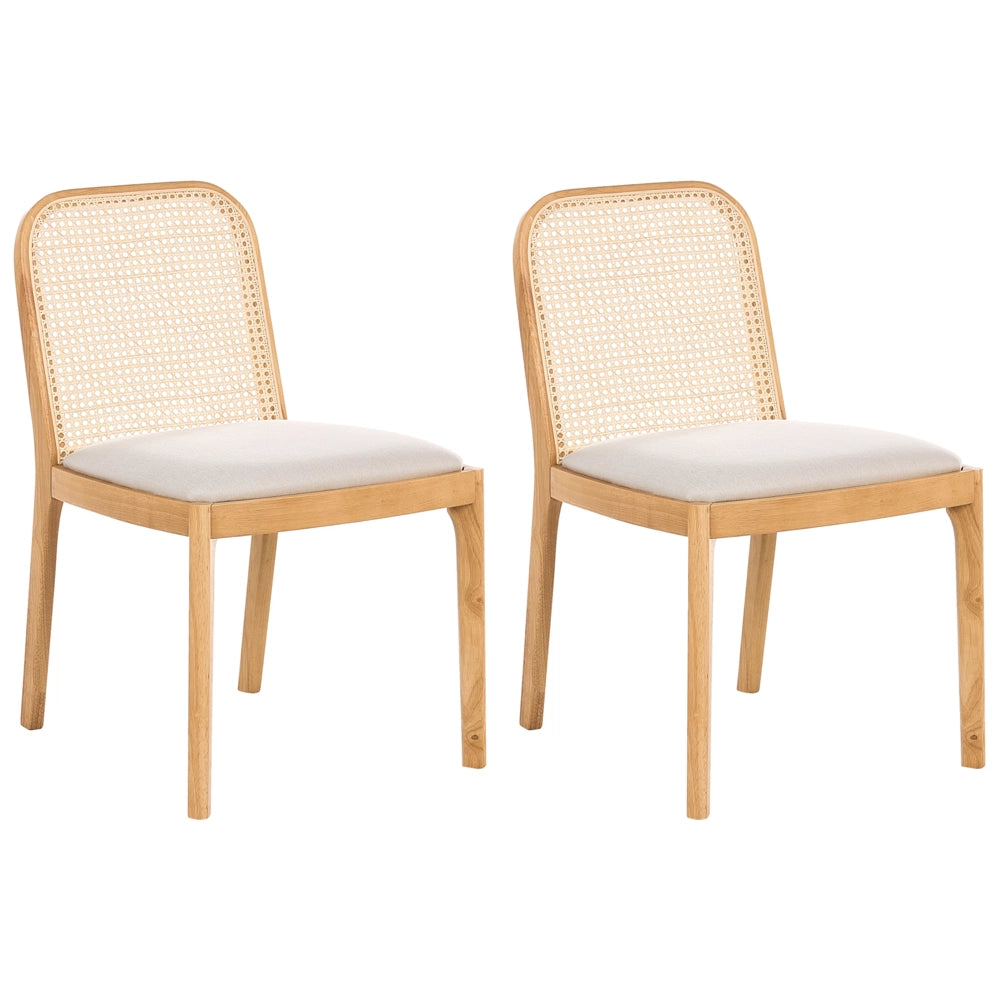 Set di 2 Sedie da pranzo in rattan a treccia viennese Schienale in poliestere Seduta in gomma Telaio in legno senza braccioli Marrone chiaro