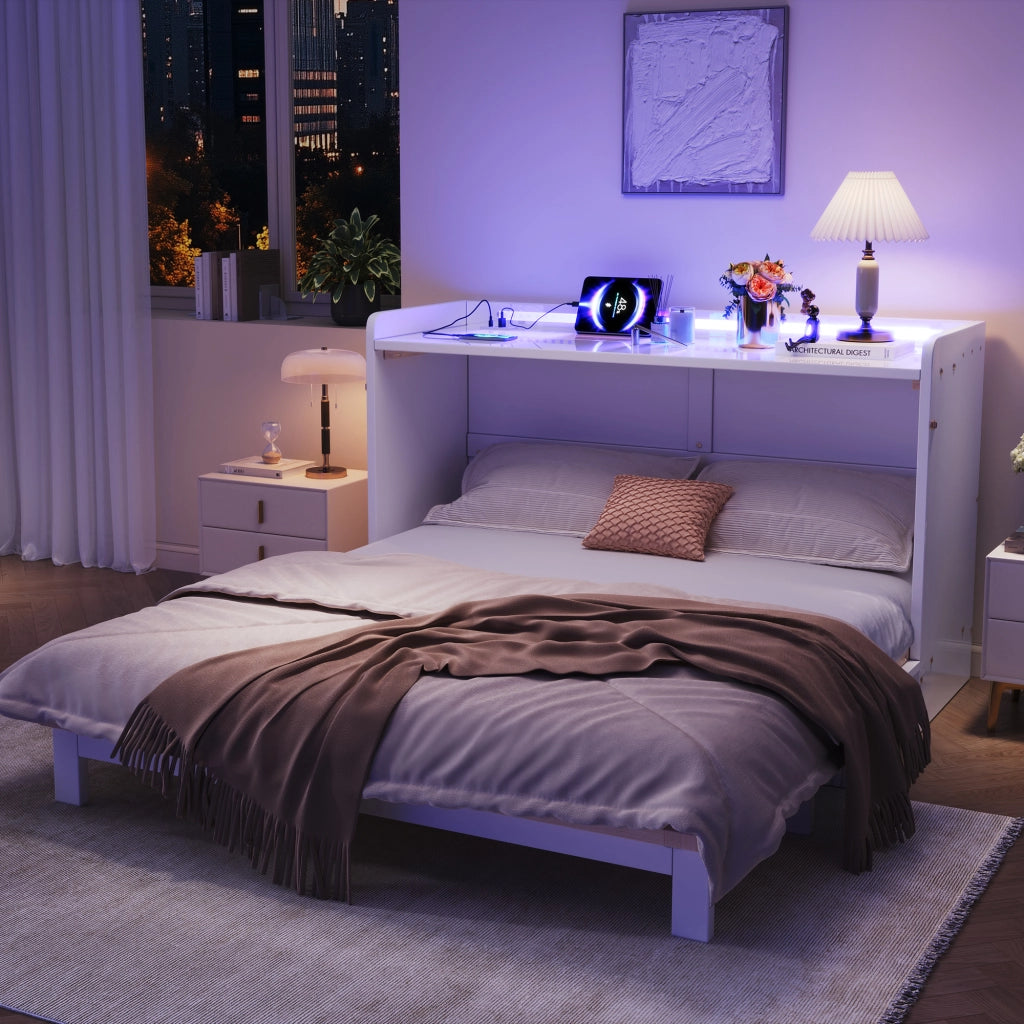 Letto a scomparsa 140 × 200 cm con cassetti, USB, presa e striscia LED, senza materasso, bianco lucido