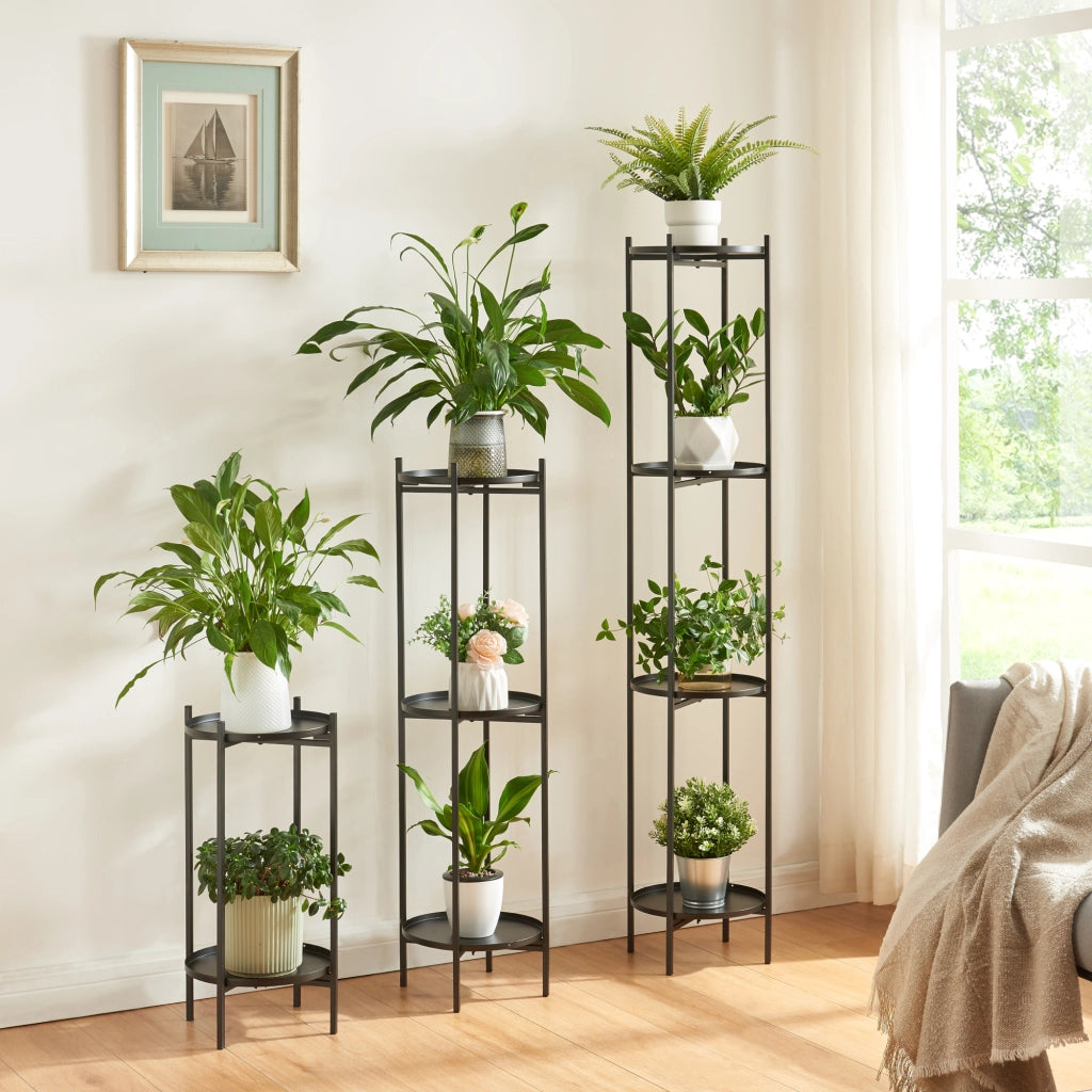 Portavasi Tuusula con 3 Sottovasi Portapiante in Metallo Nero 94 x 25 cm [en.casa]