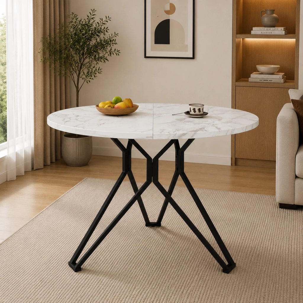 Tavolo da pranzo rotondo 100x100x76 cm con piedi regolabili; MDF effetto marmo nero