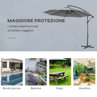 Ombrellone da Esterni 3x2.5 m Decentrato con Manovella, Struttura in Acciaio e Poliestere Anti-UV, Grigio